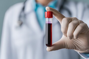 A gloved hand holds a blood tube filled with dark red liquid.  A person in a white lab coat is visible