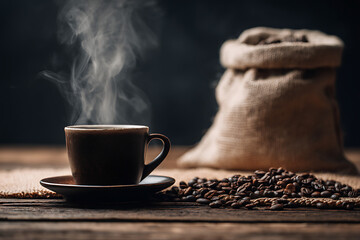 Steaming cup of coffee with roasted beans and burlap sack on wooden table.