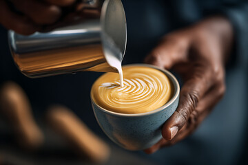 Barista pouring milk for intricate latte art in a blue cup.