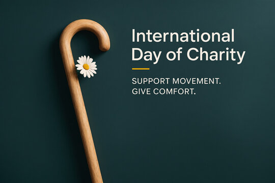Walking cane with a daisy flower on dark green background, International Day of Charity theme with supportive message text