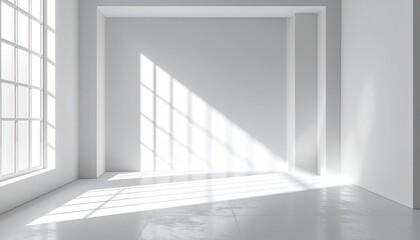Obraz premium Minimalist white room bathed in natural sunlight, with sharp geometric shadows cast on the walls and floor