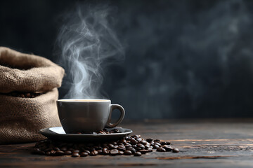 Freshly brewed coffee with a burlap sack of whole roasted beans.