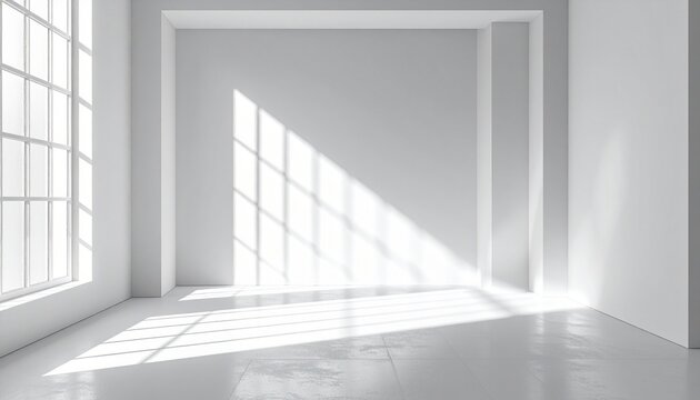 Minimalist white room bathed in natural sunlight, with sharp geometric shadows cast on the walls and floor