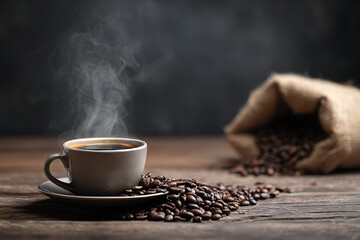 Steaming cup of fresh coffee with beans on a rustic wooden table