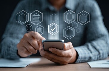 Person interacting with a smartphone displaying digital icons