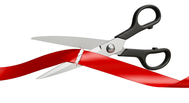 Ribbon cutting ceremony new business grand opening with elegant pair of scissors red satin on transparent background