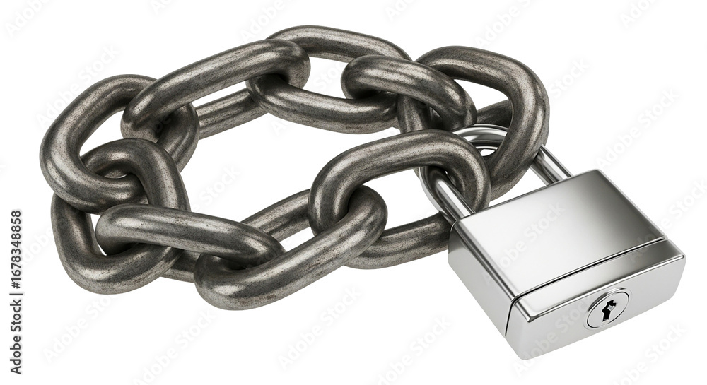 Poster interlocked chain security steel metal chain connected with padlock data encryption protection on tr