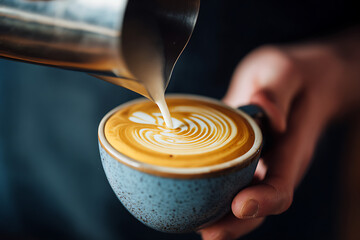 Barista pouring latte art into a ceramic cup with frothy milk.