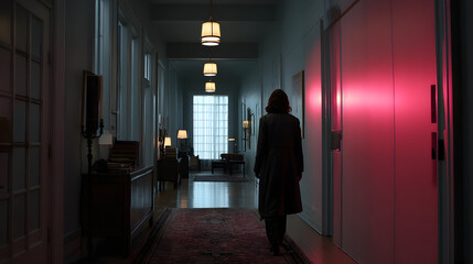 A person walks down a long hallway with doors and overhead lights.