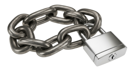 Interlocked Chain Security Steel Metal Chain Connected with Padlock Data Encryption Protection on transparent background