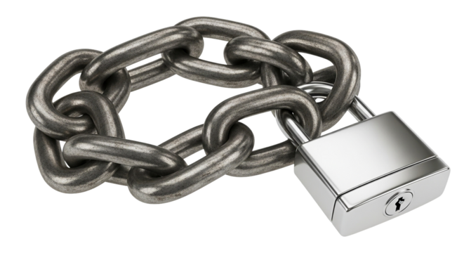 Interlocked Chain Security Steel Metal Chain Connected with Padlock Data Encryption Protection on transparent background