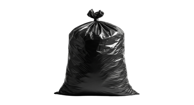 Black Garbage Bag Isolated Shiny Plastic Trash Sack Full Waste Concept Disposal Solution Bin on transparent background