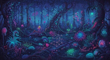 Fototapeta premium a painting of a forest filled with mushrooms and plants
