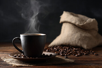 Steaming hot coffee mug with roasted beans and burlap sack on wood