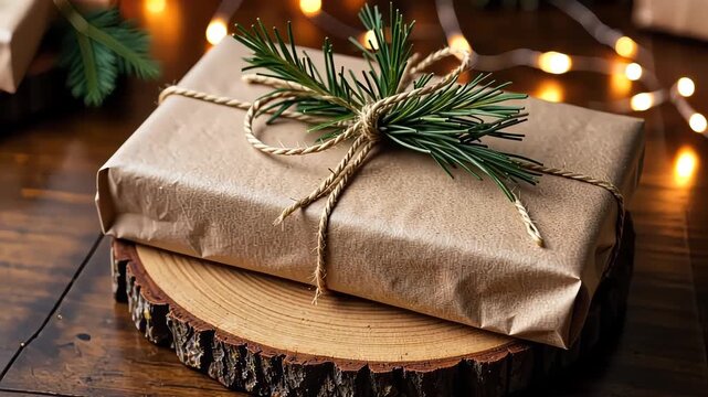 Elegantly Wrapped Brown Paper Gift with Pine Bough and Twine on Rustic Wooden Surface Adorned by Warm Festive Lights