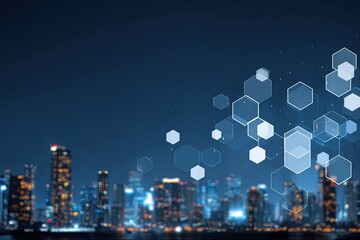 Abstract cityscape at night, overlaid with digital hexagons
