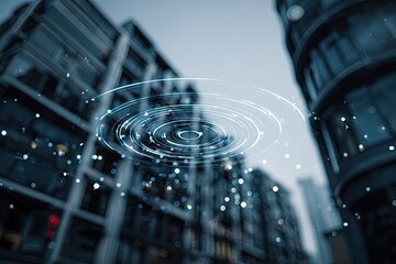 Futuristic city overlay.  Abstract digital graphic circles and lines over urban buildings