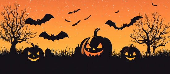 Spooky halloween night scene with pumpkins bats and trees against orange sky