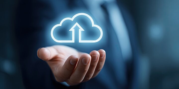 A hand holds a glowing cloud icon, signifying cloud computing