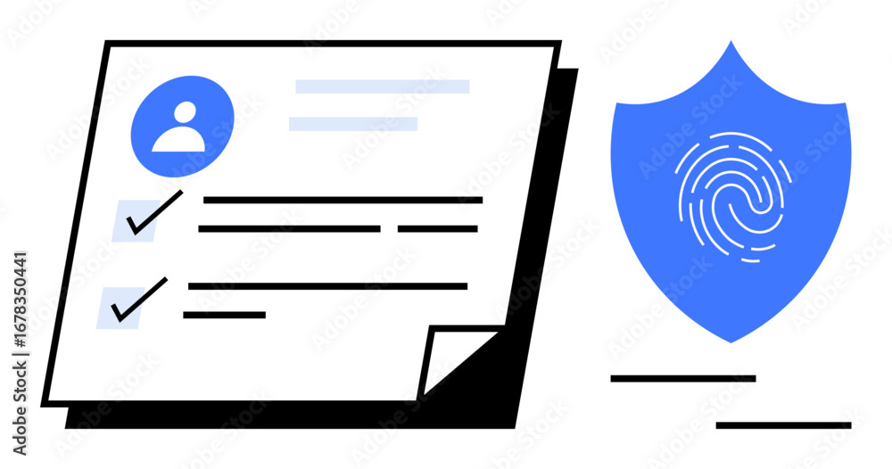 Poster user profile with completed checklist representing verification, paired with a shield and fingerprin