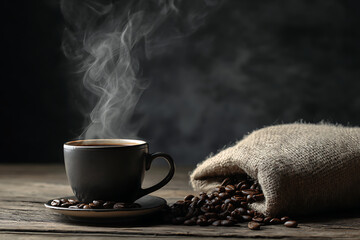 Steaming hot coffee cup with scattered beans and burlap sack on wood.