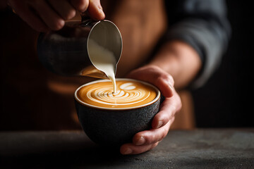 Crafting beautiful latte art by hand with frothed milk.