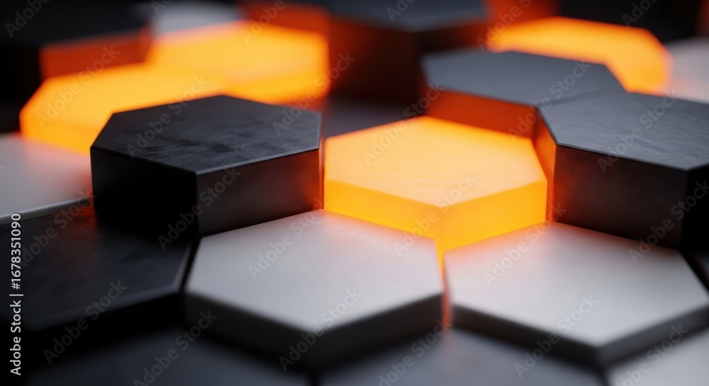 Poster abstract hexagonal pattern with glowing orange and dark gray elements futuristic geometric design