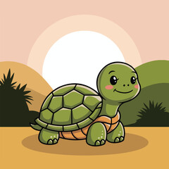 Cute Cartoon Turtle Walking in Nature Illustration