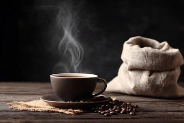 Hot coffee in a cup with steaming vapor, beans, and burlap on wood.