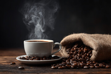 Steaming coffee in a mug, with beans spilling from burlap on wood