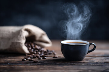 Steaming cup of coffee with roasted beans in a burlap sack on wood.