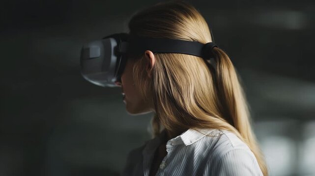 Businesswoman using VR headset for virtual meeting - Powered by Adobe
