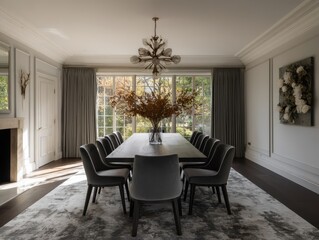 Fototapeta premium A spacious dining room with a large, light-filled window, highlighted by a statement arrangement of dried botanicals and a modern chandelier.
