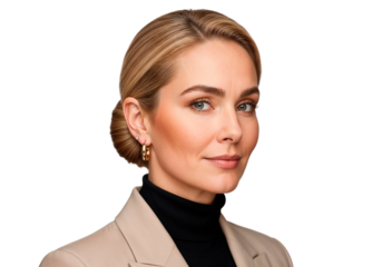 Professional woman with elegant hairstyle posing against a plain background during a studio portrait session