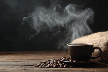 Steaming cup of coffee with beans on rustic wooden table.