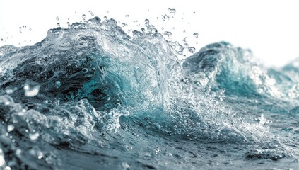 Close-up of a surging wave, vibrant with splashes and droplets.  Ocean water, textured, displays dynamic motion