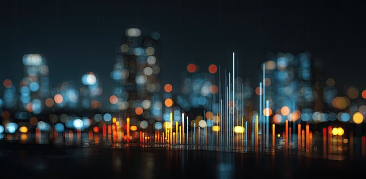 Abstract cityscape at night, bokeh lights, overlayed with data visualizations