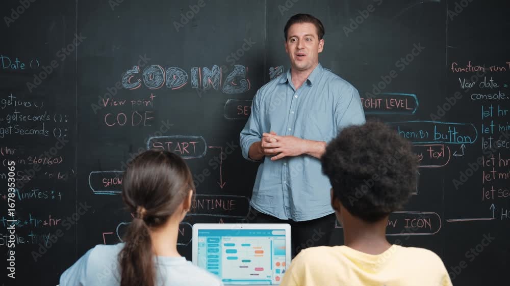 Aufkleber handsome teacher clapping hands to celebrate successful project while diverse student raised arms wi