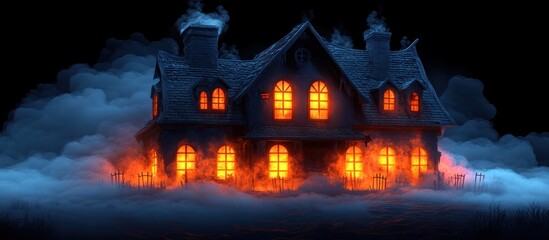 Spooky haunted house glowing with eerie light surrounded by fog on a dark night