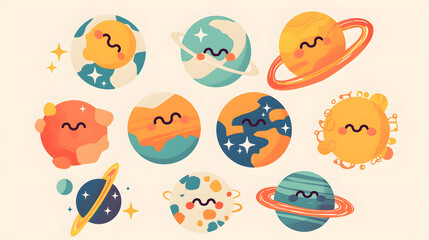 flat vector comic style cute smiling planets
