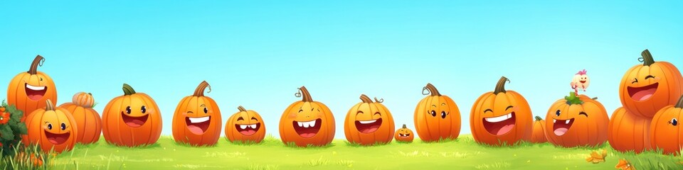 Cheerful cartoon pumpkins with happy faces lined up against a bright blue sky 80