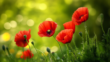 meadow with red poppies blue sky in the background