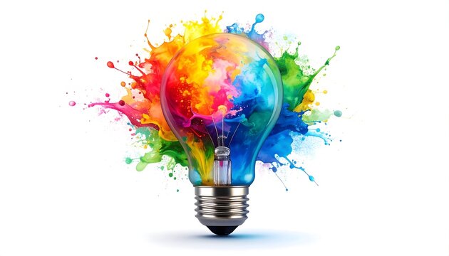 Colorful lightbulb exploding with vibrant paint splashes