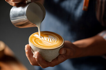 Professional hand pouring milk for beautiful coffee art.