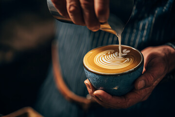 Barista's hands pour milk to create intricate latte art in a coffee cup.
