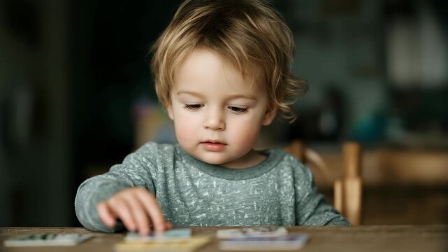 Toddler engrossed in learning the alphabet with flashcards