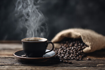 Aromatic coffee steaming beside beans and burlap.