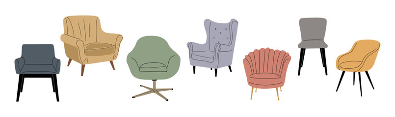 Fototapeta premium Set of flat vector illustrations of mid-century modern armchairs in various styles and colors. Retro furniture design collection, isolated on transparent backgrobnd for interior design projects