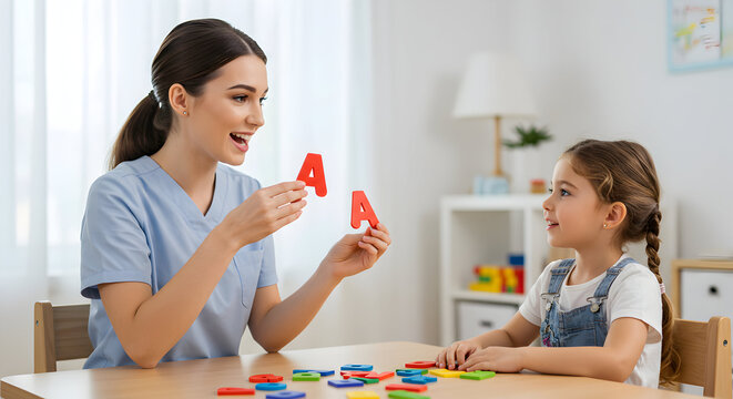 Happy child learning alphabet with teacher early childhood education preschool development literacy learning letters abc classroom lesson tutor kid girl woman