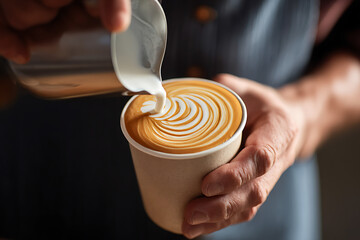 Close-up of a barista pouring latte art into a coffee cup.